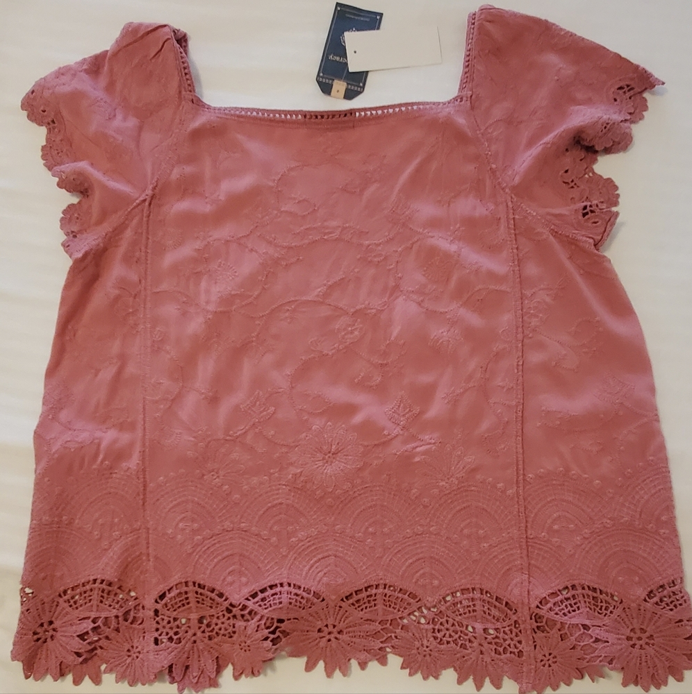 Democracy Lace Ruffle Scalloped Sleeve Top